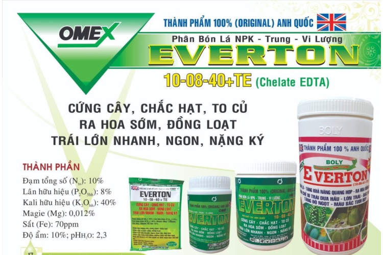 EVERTON NPK TRUNG-VI LƯỢNG 10-08-40+TE (CHELATE EDTA) BOLY